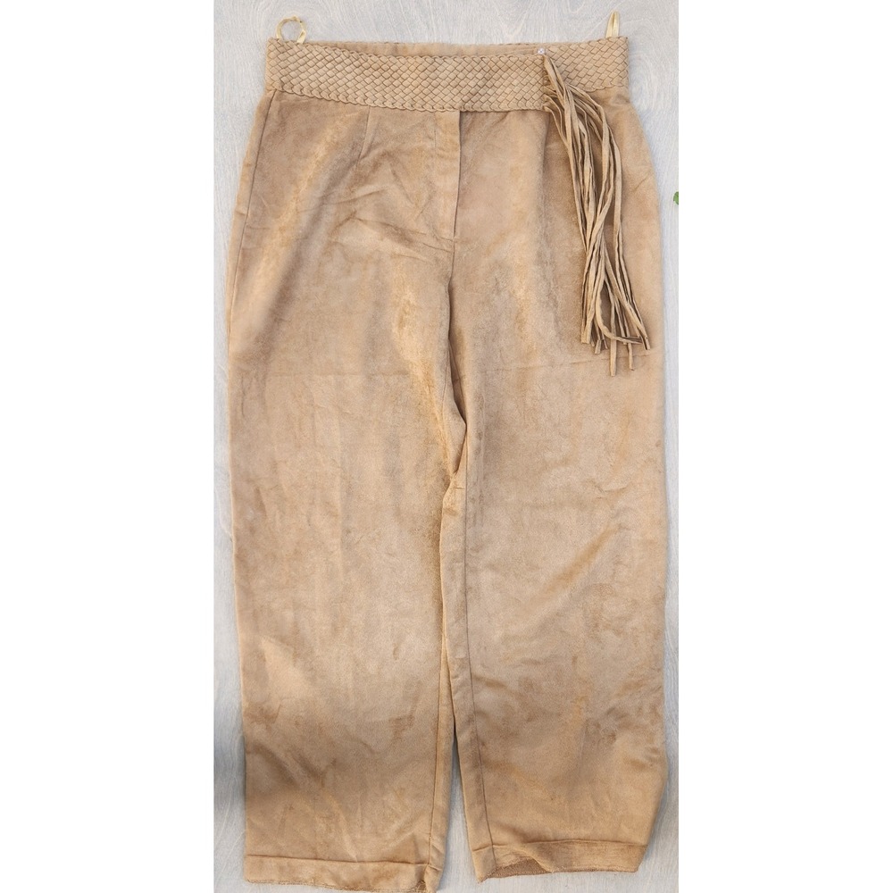 Mantles Petite Suede Crop Pants‎ Fringe Detail Woven Waist Beige Boho Women's 32